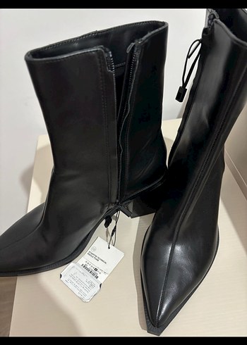 40 Beden Siyah Deri Stiletto Topuklu Goth Bot