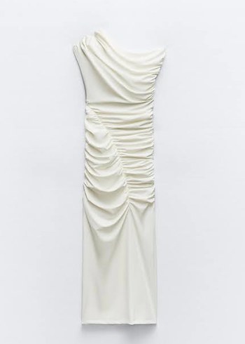Beyaz Drapeli Straplez Uzun Elbise - Görsel 2