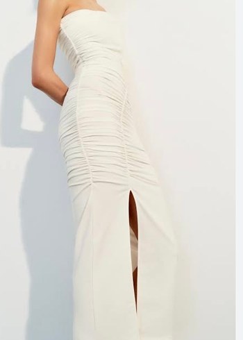 Beyaz Drapeli Straplez Uzun Elbise - Görsel 3