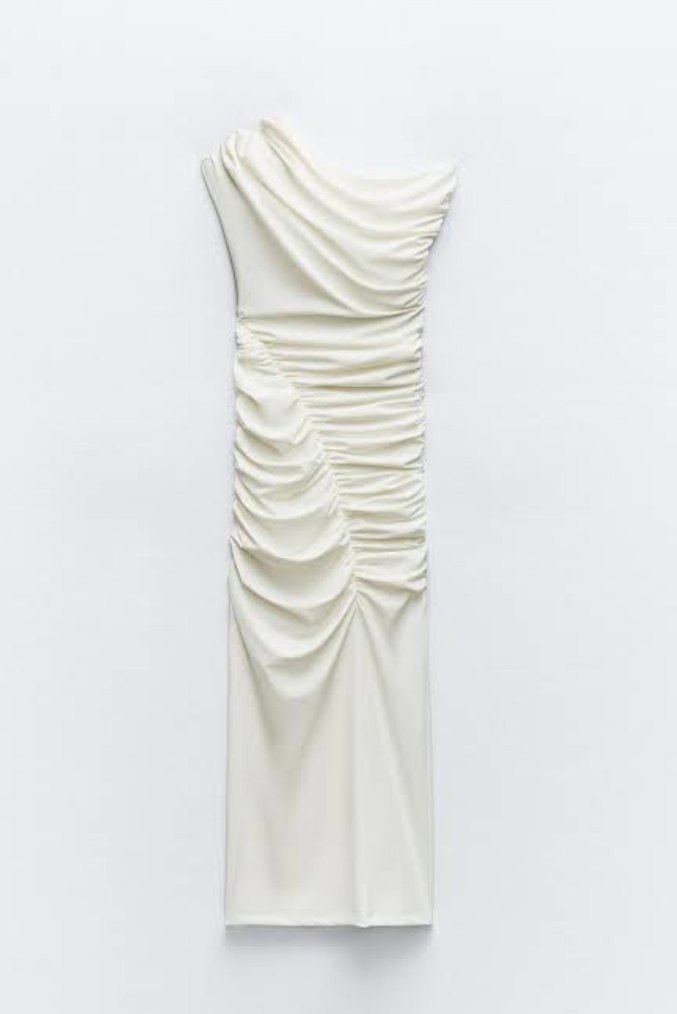Beyaz Drapeli Straplez Uzun Elbise - Görsel 2