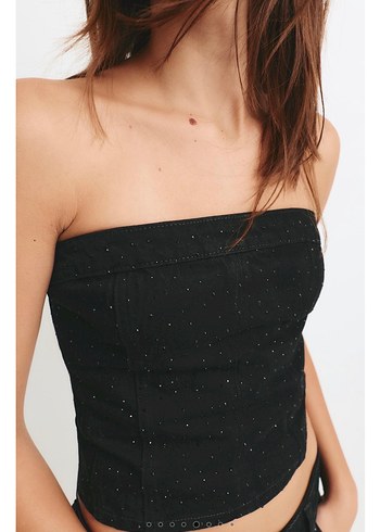 Siyah Straplez Mini Denim Büstiyer - Görsel 5