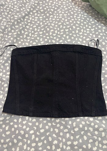 Siyah Straplez Mini Denim Büstiyer - Görsel 8