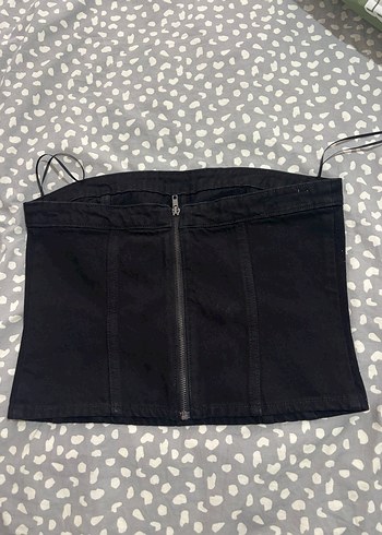 Siyah Straplez Mini Denim Büstiyer - Görsel 9