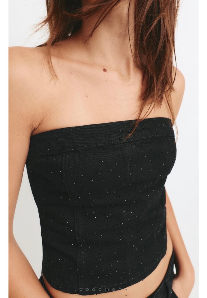 Siyah Straplez Mini Denim Büstiyer - Görsel 5