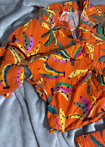 xs Beden turuncu Renk Penti gömlek şort pijama takım