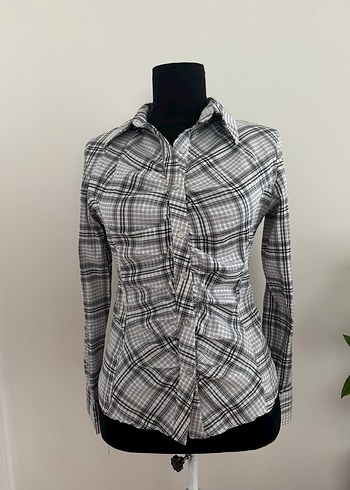 Gri Ekose y2k Vintage Retro Büzgülü Gömlek - Görsel 2