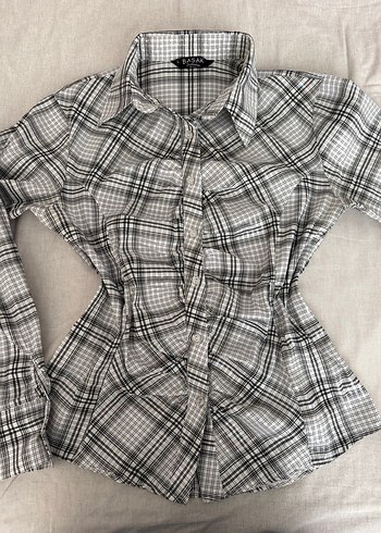 Gri Ekose y2k Vintage Retro Büzgülü Gömlek - Görsel 4