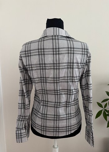 Gri Ekose y2k Vintage Retro Büzgülü Gömlek - Görsel 3