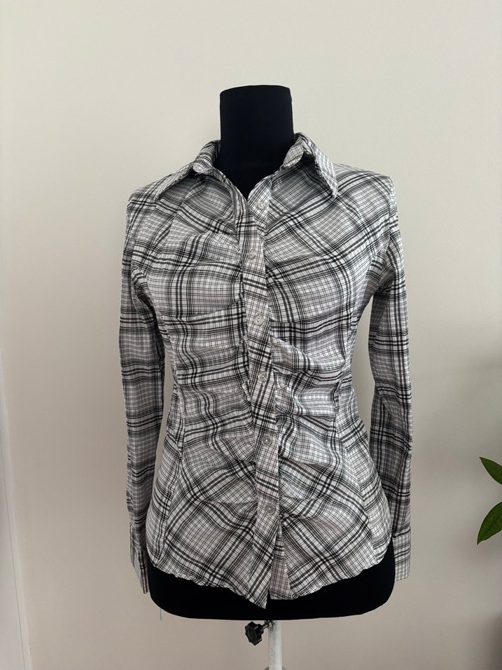 Gri Ekose y2k Vintage Retro Büzgülü Gömlek - Görsel 2