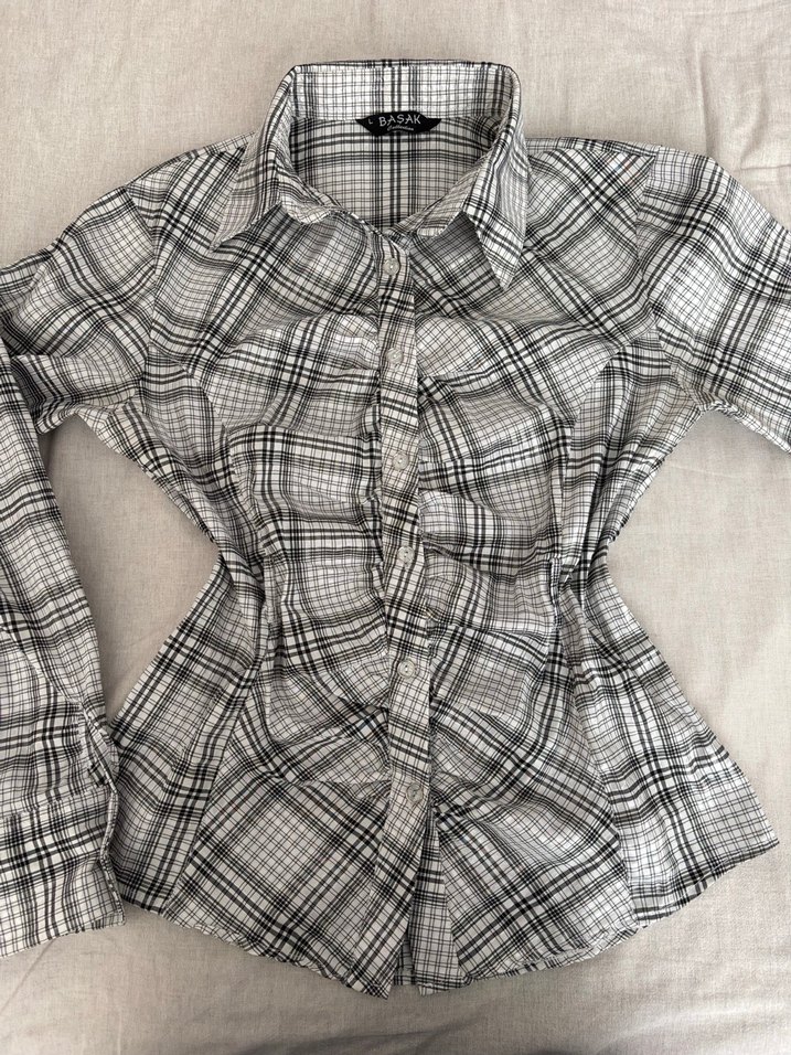 Gri Ekose y2k Vintage Retro Büzgülü Gömlek - Görsel 4