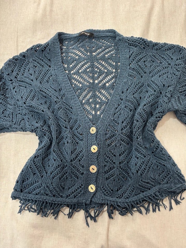 Bohem V Yaka Nakışlı Örgü Hırka - Görsel 2