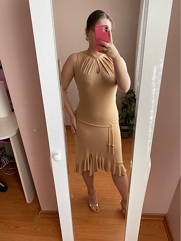 American Vintage Y2K Lolita Bej Rengi Nakışlı Kemerli Kısa Abiye Elbise
