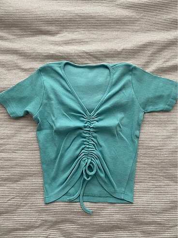 y2k Turkuaz Büzgülü Crop Top Body Bluz