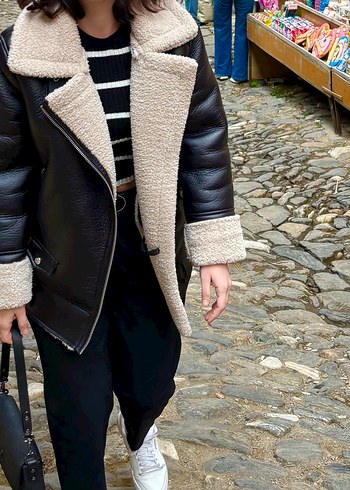 Siyah stradivarius Kürklü Deri Kadın Kış Ceketi