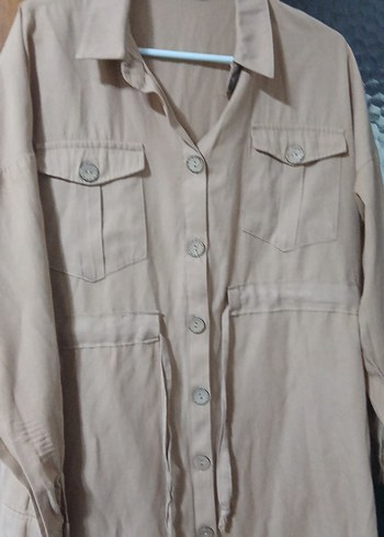 Bej Uzun Kollu Düğmeli Kadın Keten Gömlek - Görsel 3