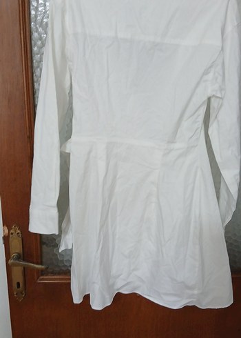 Drapeli V Yaka Beyaz Keten Kadın elbise - Görsel 3