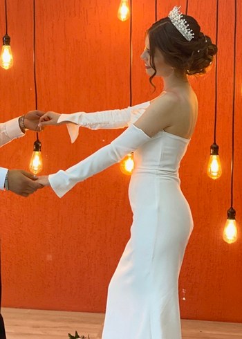 Uzun Kollu Midi Beyaz Straplez nikah  elbisesi - Görsel 3