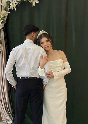 Uzun Kollu Midi Beyaz Straplez nikah  elbisesi - Görsel 2