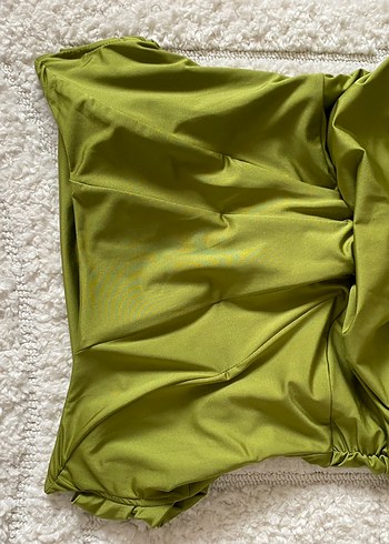 Drapeli Straplez Parlak Yeşil Mini Elbise - Görsel 8