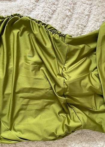 Drapeli Straplez Parlak Yeşil Mini Elbise - Görsel 4