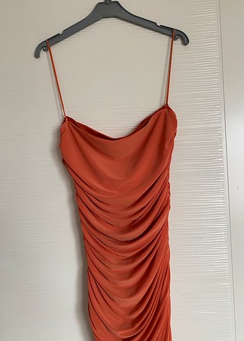 Parlak Turuncu Drapeli Kadın mini elbise - Görsel 7