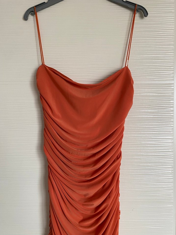 Parlak Turuncu Drapeli Kadın mini elbise - Görsel 5