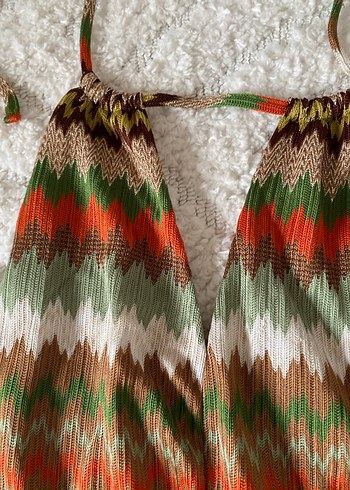 Bohem V Yaka Örgü Mini Elbise - Görsel 3