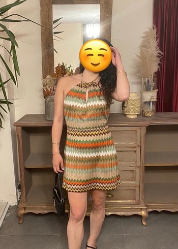 Bohem V Yaka Örgü Mini Elbise - Görsel 5