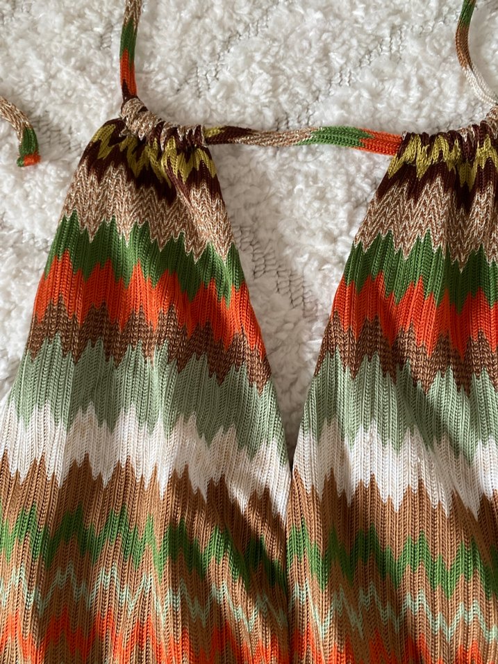 Bohem V Yaka Örgü Mini Elbise - Görsel 3