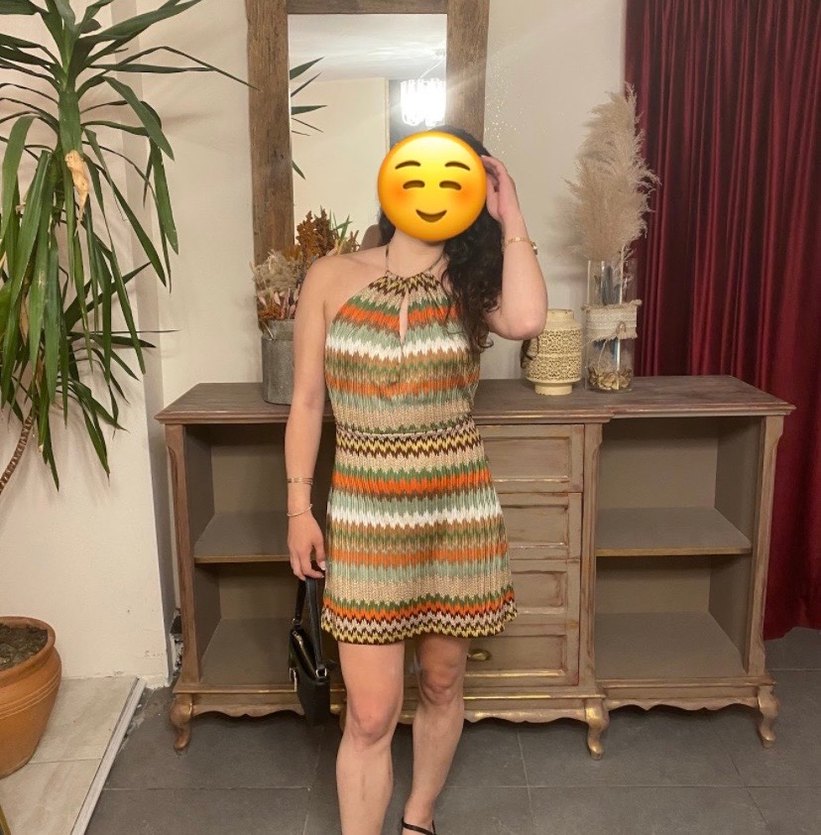 Bohem V Yaka Örgü Mini Elbise - Görsel 5