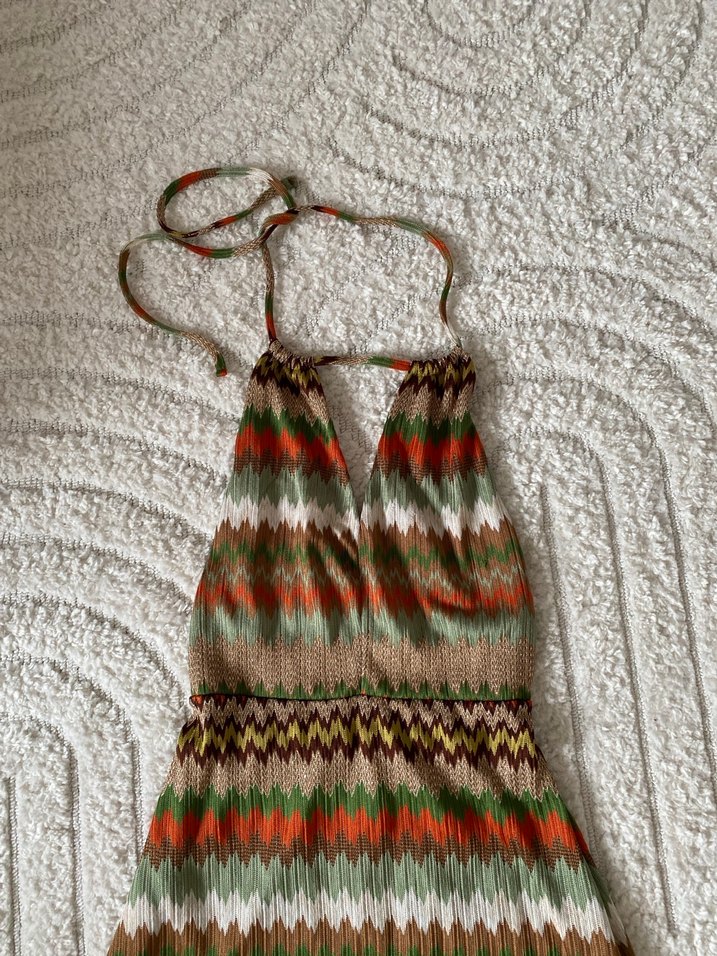 Bohem V Yaka Örgü Mini Elbise - Görsel 2