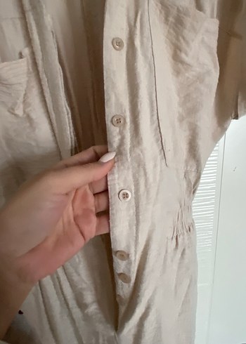 Bej Keten V Yaka Mini Tulum - Görsel 4