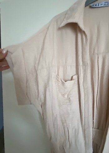 Bej Keten V Yaka Mini Tulum - Görsel 5