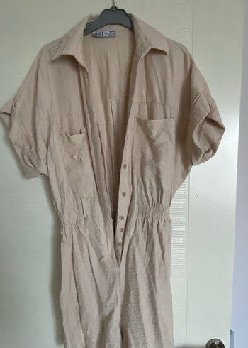 Bej Keten V Yaka Mini Tulum - Görsel 3