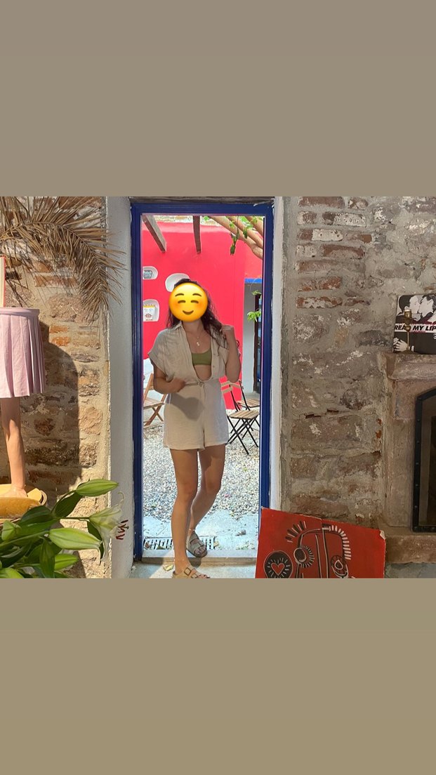 Bej Keten V Yaka Mini Tulum - Görsel 2