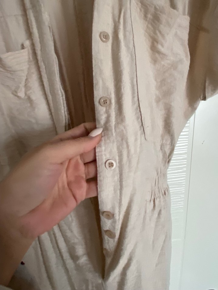 Bej Keten V Yaka Mini Tulum - Görsel 4