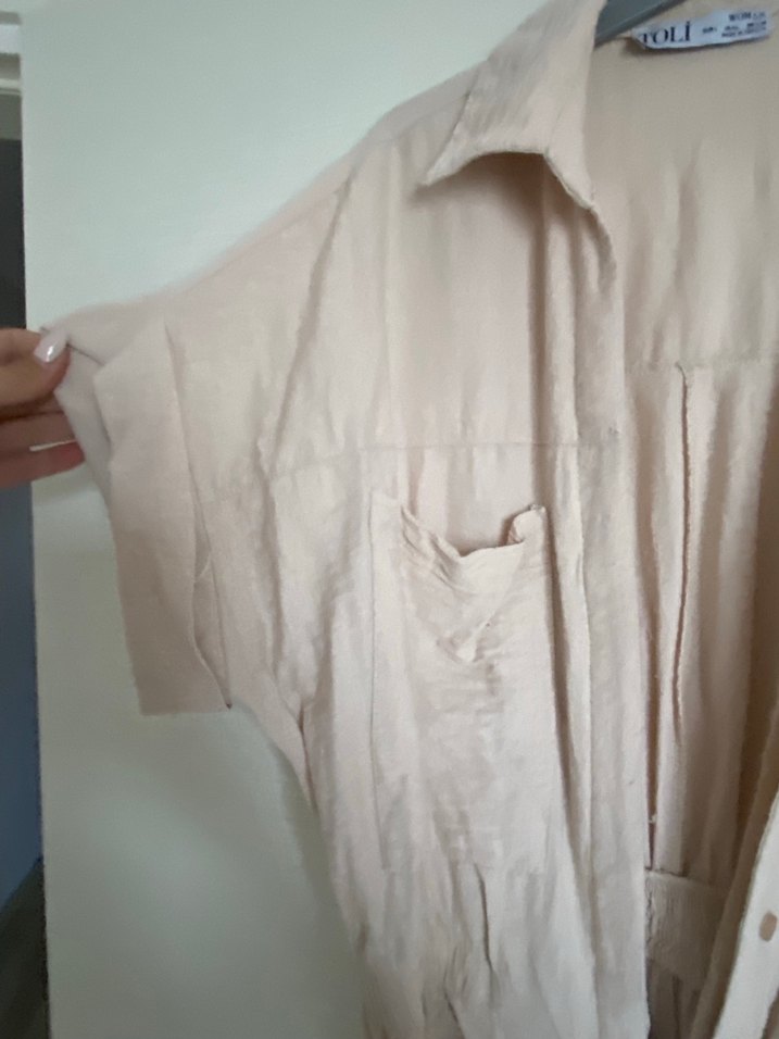 Bej Keten V Yaka Mini Tulum - Görsel 5