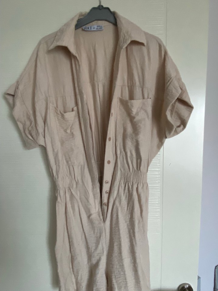 Bej Keten V Yaka Mini Tulum - Görsel 3