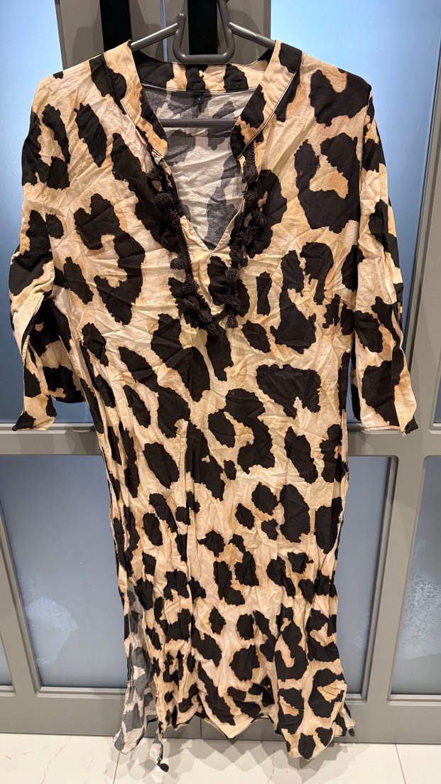 Kahverengi Leopar Desenli Uzun Bohem kimono - Görsel 2