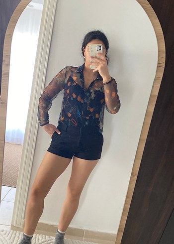 Şeffaf Uzun Kollu Siyah Mini Tulum şort takım - Görsel 2