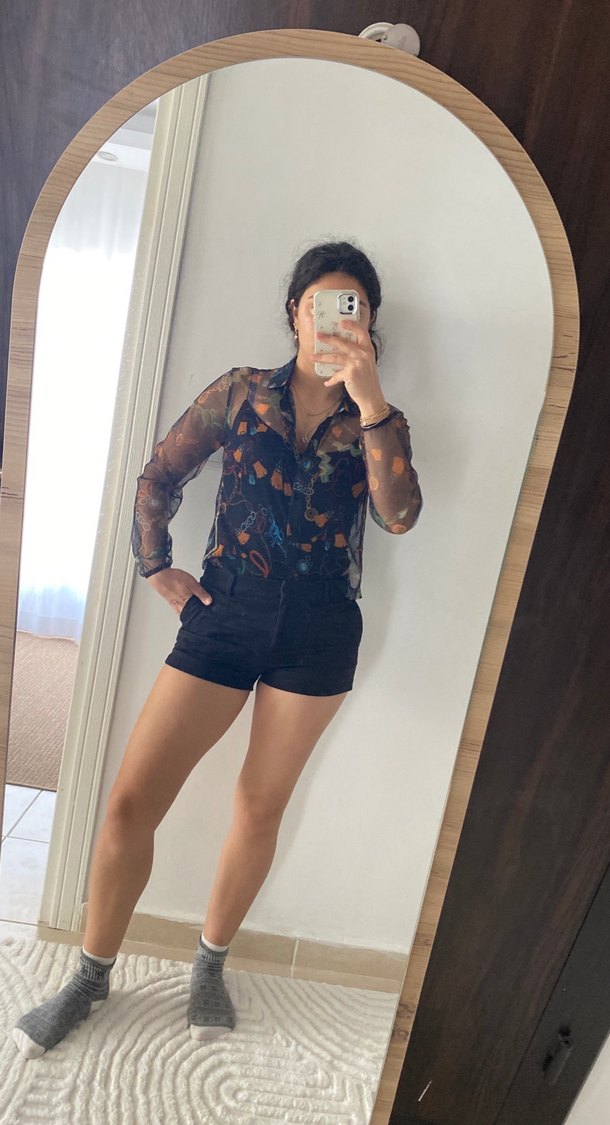 Şeffaf Uzun Kollu Siyah Mini Tulum şort takım - Görsel 2