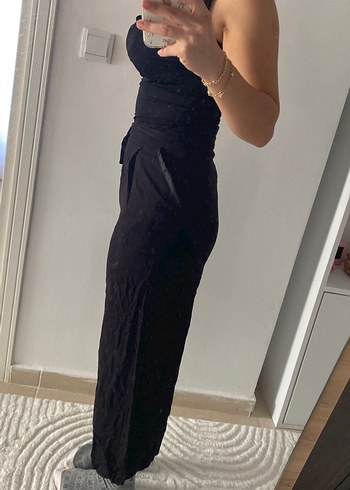 Siyah Bol Kesim Midi Keten Kadın Pantolon - Görsel 2