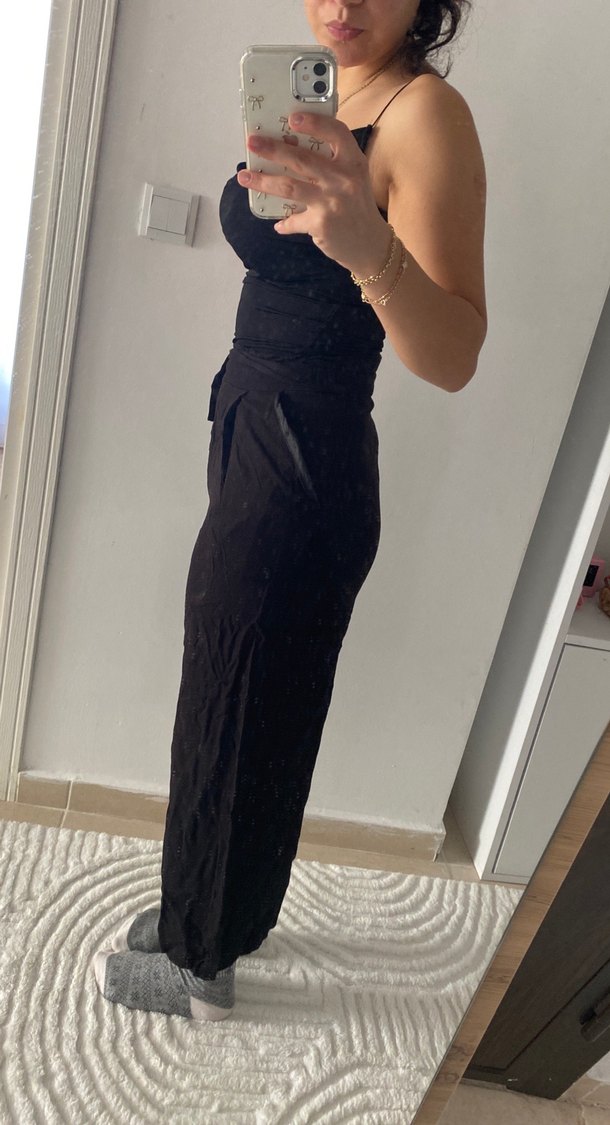 Siyah Bol Kesim Midi Keten Kadın Pantolon - Görsel 2