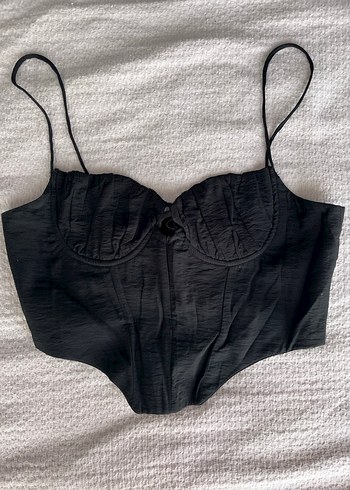 Düğmeli Siyah Keten Strappy Bustier