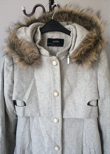 Gri Uzun Kadın Kaban, Kürklü Kapüşonlu - Görsel 3