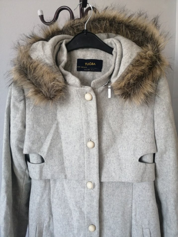Gri Uzun Kadın Kaban, Kürklü Kapüşonlu - Görsel 3