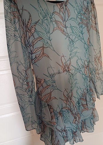 Bohem Uzun Kollu Turkuaz fırfırlı elbise - Görsel 6