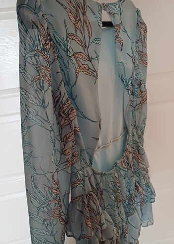 Bohem Uzun Kollu Turkuaz fırfırlı elbise - Görsel 9