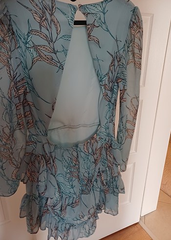 Bohem Uzun Kollu Turkuaz fırfırlı elbise - Görsel 10