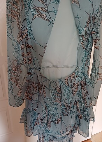 Bohem Uzun Kollu Turkuaz fırfırlı elbise - Görsel 5